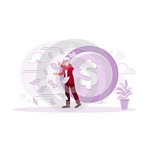 Bearded old man throwing and scattering money in the air. Earning Money concept.