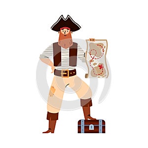 Bearded pirate with map and treasure chest, cartoon vector illustration isolated.