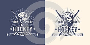 Bearded player in helmet on retro hockey emblem