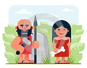 Bearded prehistoric male hunter with spear and hammer and woman with bone standing near rock and bushes in nature