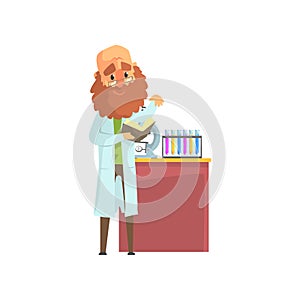 Bearded scientist man in lab coat standing with book in hands. Chemical test tubes and microscope on the table. Isolated