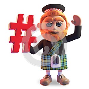 Bearded Scottish man in traditional kilt waves and holds a hashtag internet symbol, 3d illustration