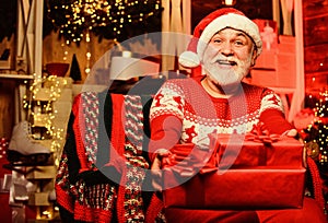 Bearded senior man Santa Claus. Legend about Santa Claus. Merry christmas. Delivering gifts. Presents for family. Santa