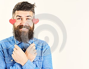 Bearded serious man in blue shirt holds small hearts valentines. handsome smiling guy on white backgroun