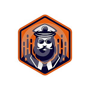 bearded ship captain wearing sunglasses vector icon