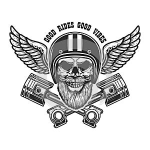 Bearded skull in racer helmet with wings and crossed pistons. Design element for logo, label, sign, emblem, poster, t