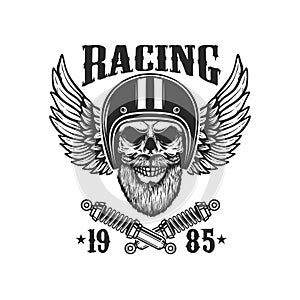 Bearded skull in racer helmet with wings and crossed springs. Design element for logo, label, sign, emblem, poster, t