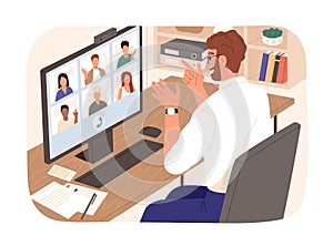 Bearded smiling guy talking with colleagues during videoconference vector illustration. People having corporate video photo