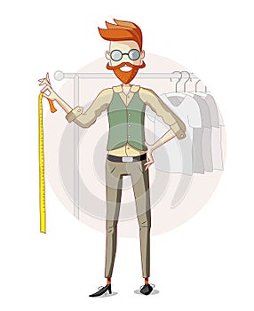 Bearded tailor holding tape measure