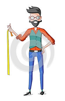 Bearded tailor holding tape measure choosing the right size