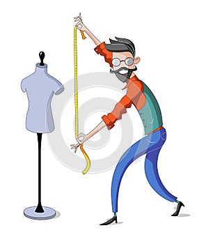 Bearded tailor holding tape measure with mannequin