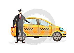 Bearded Taxi Driver Stand near Yellow Car Clip Art