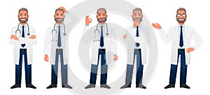 Bearded white man in a white coat stands in different poses. The male chief physician is a full-length set of characters. The