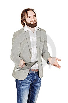 bearded young business man using digital tablet. portrait isolated over white studio background.