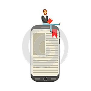 Bearded young man sitting and reading on a giant electronic book vector Illustration