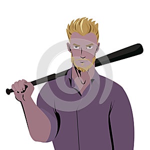 Beardman holding a baseball bat. Isolated white background. Hooligan with baseball bat ready for fight. Violence and