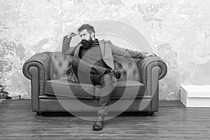 Beardy hipster. Serious hipster relax on sofa. Businessman with hipster beard. Barbershop or barbers. Hipster fashion