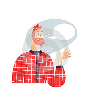 Beared man with empty speech bubble vector illustration. Cartoon character talking and smiling, one person with message
