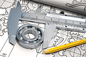 Bearings with trammel and pencil on technical drawing. Engineering, industrial and production concept