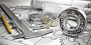 Bearings with trammel and pencil on technical drawing. Engineering, industrial and production concept