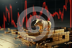 Bearish gold 3D render illustration, bullion with descending price arrow