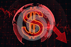 Bearish stock market, investing and weakening of the currency concept with glowing digital red dollar symbol, falling financial