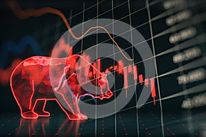 Bearish tock market crash and economy crisis concept with digital red bear and glowing financial chart candlestick and diagram on photo