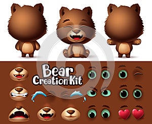 Bears animal characters creator vector set. Bear character editable kit create with different feelings and emotion for animals.