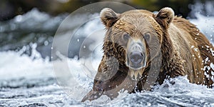 Bears face close-up as it catches salmon in a rushing river , concept of Predator-prey interaction