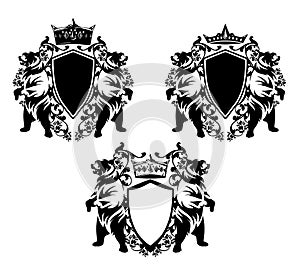 Bears guarding heraldic shield with royal crown among rose flowers black and white vector design set