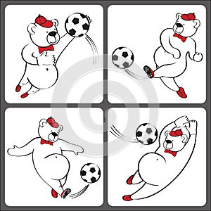 Bears plays football.Cartoon humorous illustration set