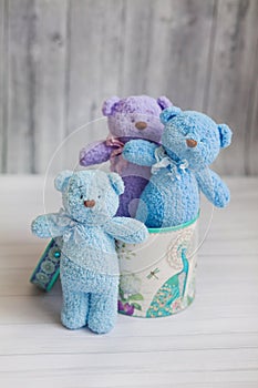 Bears toys knitted in a gift box, handmade, gift to the children