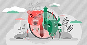 Bears vs bulls vector illustration. Stock market flat tiny persons concept.