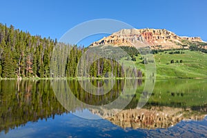 Beartooth Butte mountain and Bear Lake in Yellowstone Park, USA photo