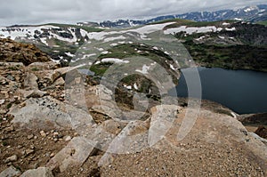 Beartooth Highway Pass in Montana on a summer day with alpine lake