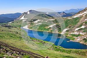 Beartooth Pass - Gardner Lake. Peaks of Beartooth Mountains, Shoshone National Forest, Wyoming, USA. photo