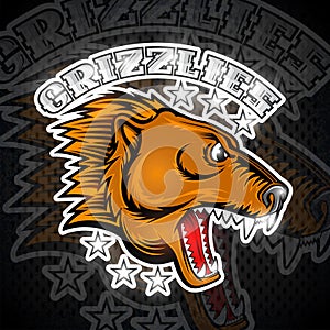 Beast bear face from the side view with bared teeth. Logo for any sport team grizzlies