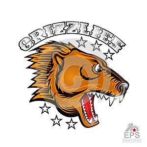 Beast bear face from the side view with bared teeth. Logo for any sport team grizzlies isolated on white