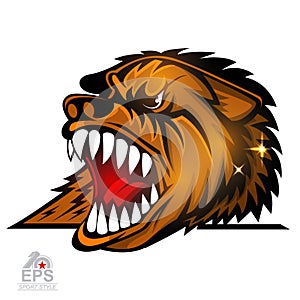Beast head with bared teeth isolated on white. Logo for any sport team