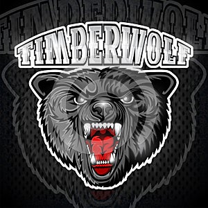 Beast wolf face from the front view with bared teeth. Logo for any sport team timberwolf