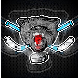 Beast wolf face from the front view with hockey puck and crossed stick. Logo for any sport team timberwolf