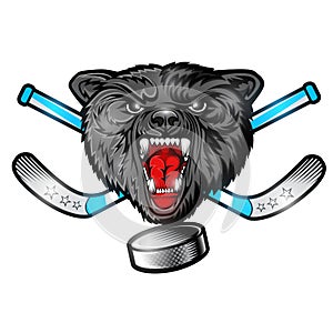 Beast wolf face from the front view with hockey puck and crossed stick. Logo for any sport team timberwolf isolated on white