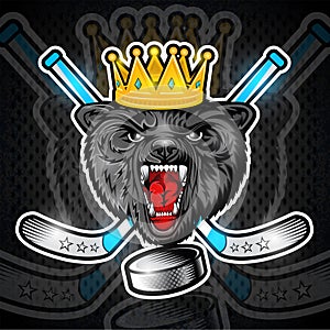 Beast wolf face from the front view with hockey puck, crown and crossed stick. Logo for any sport team timberwolf