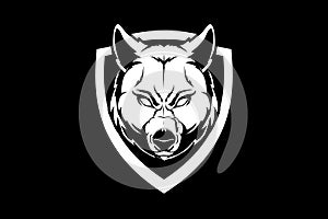 Beast wolf head with shield vector black and white badge logo template