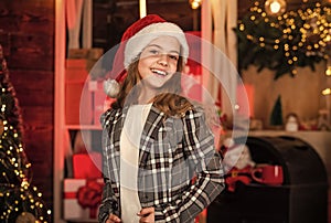 Beat the Christmas rush. child in santa hat. presents and gifts for nearest. family holiday. santa girl celebrate xmas