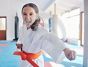 Beat em to the punch. a cute little girl practicing karate in a studio.