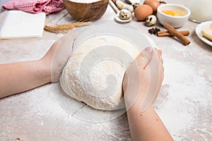 Beat flour and kitchen utensils, a baking dish, a rolling pin with eggs on the table. Baking, cooking concept. Chef making bread