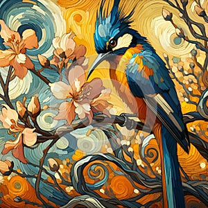 A beatiful bird of paradise in a garden, perched on a tree, flowers arounds, Van Gogh painting art