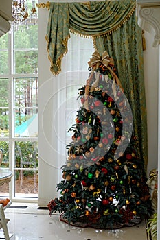 Beatiful Christmas tree in luxurious interior near window