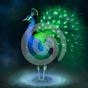 Beatiful male peacock standing in the spotlight showing his tail illustration